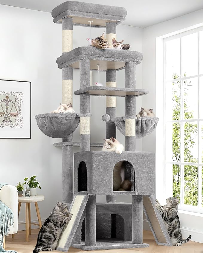 Globlazer Heavy Duty Cat Tree 78 inch Sturdy Cat Tower for 20lbs Large Adult Cats, Symmetrical Aesthetic Big Cat Tree with Extra Large Platform, 2 Scratching Boards, Z78, Light Grey