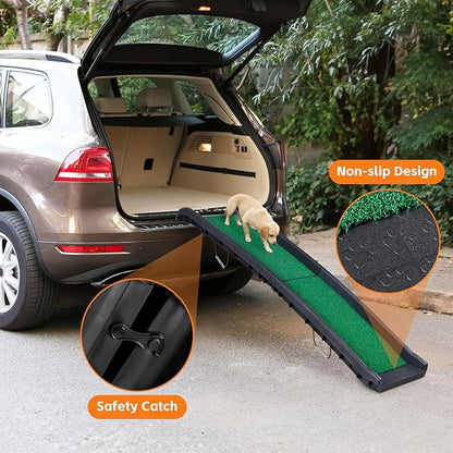 Folding Dog Ramp for Car Truck SUV 61 Inches Portable Pet Ramp with Grass Padded for Large Dogs Non Slip with Raised Siderails