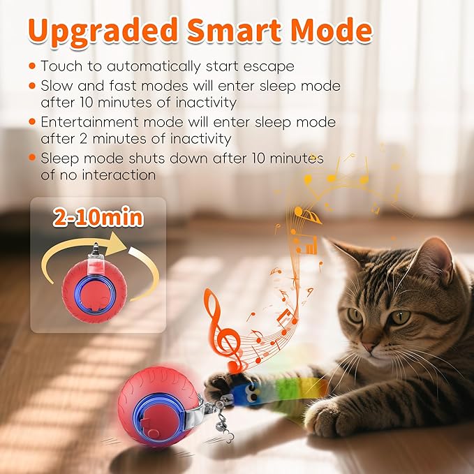 UPSKY Interactive Cat Toy Ball - Automatic Interactive Cat Toys for Indoor Cats, 3-Speed Modes Smart Kitten Toys with Sounds, Rechargeable Cat Ball for Bored Indoor Adult Cats (Red)