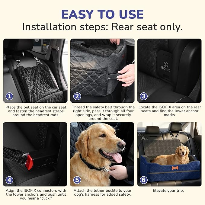 Dog Car Seat for Medium Large Dogs, 4" Elevated Dog Booster Seat with ISOFIX Safety Fixation, Washable Cover & High Density Memory Foam, Portable for Car Front/Rear/Trunk Home Outdoor Use (Navy Blue)
