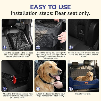 Dog Car Seat for Medium Large Dogs, 4" Elevated Dog Booster Seat with ISOFIX Safety Fixation, Washable Cover & High Density Memory Foam, Portable for Car Front/Rear/Trunk Home Outdoor Use (Navy Blue)
