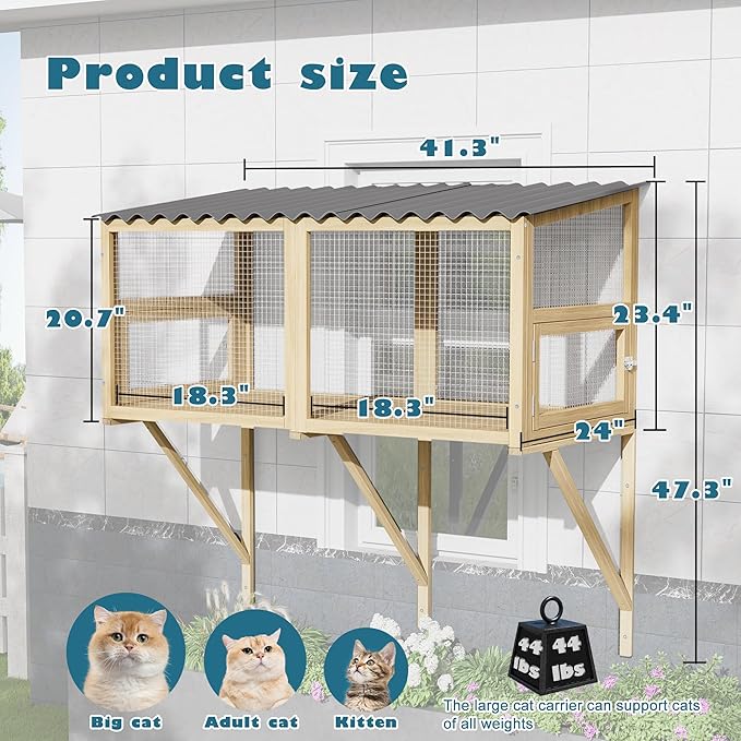 MAGIC UNION Cat Catio, Cat Window Perch for Indoor Cats - Expandable Wooden Windows Box Enclosure, Waterproof Cats Windows Hammock for Enjoying The Outdoor Sights (Original Wood, 82.6" L)