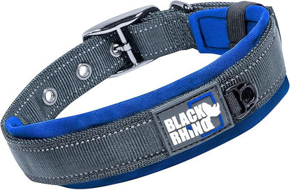 Black Rhino Dog Collar for Large Dogs - Adjustable Reflective Heavy Duty Dog Collar with Ultra-Soft Neoprene Padding - Weatherproof, Durable, and Comfortable for Active Dogs - Sport Blue and Black