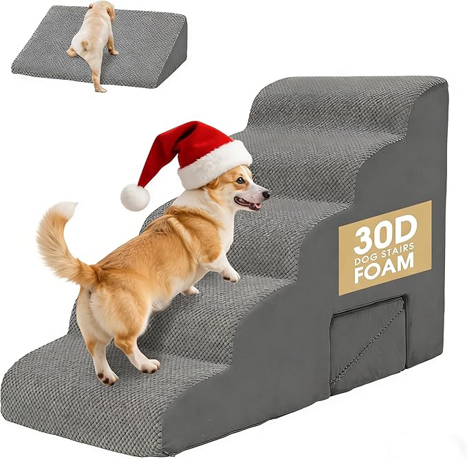 Dog Stairs for High Beds 20-24 inches Tall, 5-Step Dog Steps for Bed for Small Dogs, Doggie Ramp for Bed, 30D Foam Pet Stairs for Old Dogs/Cats for Bedsides Climbing, Free-Installation, Grey