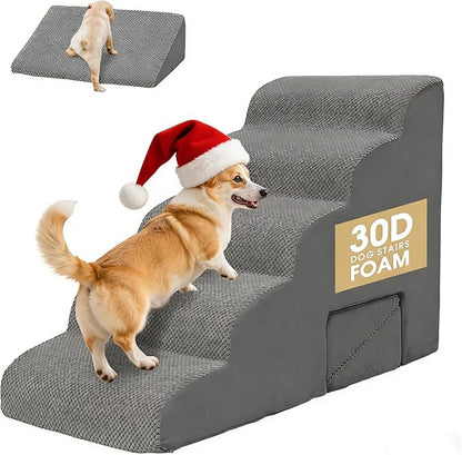 Dog Stairs for High Beds 20-24 inches Tall, 5-Step Dog Steps for Bed for Small Dogs, Doggie Ramp for Bed, 30D Foam Pet Stairs for Old Dogs/Cats for Bedsides Climbing, Free-Installation, Grey