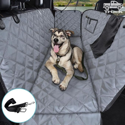 Truck Dog Seat Cover Back Seat | 100% Waterproof & Seat Belt | Pet Hammock for Car Rear Seat Protector with Mesh Window Fits Pickup Ford F-Series/Chevrolet Silverado/Ram/GMC Sierra etc(Gray)