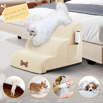 Dog Stairs for Small Dogs, Wide Pet Step with Removable Cover, No Assembly High Density Foam Cat Ramp for Bed or Sofa, 3-Step, Beige
