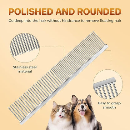 Pet Grooming Comb with Rounded Ends Stainless Steel Teeth for Dogs & Cats,Wide & Dense Teeth for Removing Tangles, Knots,Undercoat,Flea,Face,Chin,Tear Stain,Excess Hair,Metal Dematting Tool Pet Gift