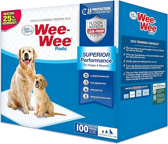 Four Paws Wee-Wee Superior Performance Unscented Pee Pads for Dogs & Puppies, Quilted Leak-Proof Dog Housebreaking Potty Training Floor Protection, 22" x 23", 100 Count