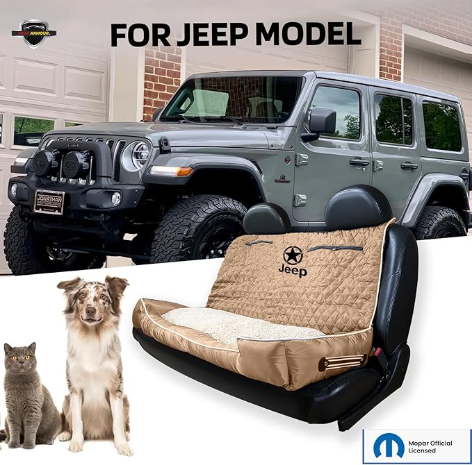 PetBed2GO Jeep Tan, Large Pet Bed Cushion & Car Seat Cover, 52x20x7, 6lbs