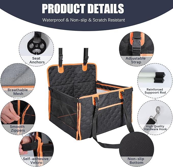 Dog Car Seat for Medium Small Dogs, Pet Car Seat with Adjustable Safety Belt & Storage Pockets, Breathable Waterproof Pet Car Seats Cover, Small Dog Seats for Dogs Under 30lbs (Medium, Orange)