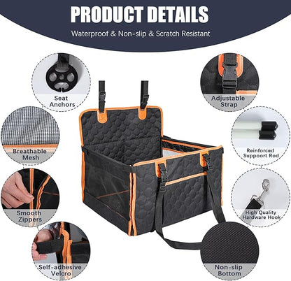 Dog Car Seat for Medium Small Dogs, Pet Car Seat with Adjustable Safety Belt & Storage Pockets, Breathable Waterproof Pet Car Seats Cover, Small Dog Seats for Dogs Under 30lbs (Medium, Orange)