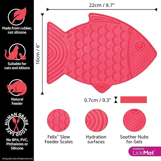 LickiMat Felix, Fish-Shaped Cat Slow Feeders Lick Mat, Boredom Anxiety Reducer; Perfect for Food, Treats, Yogurt, or Peanut Butter. Fun Alternative to a Slow Feed Cat Bowl or Dish, Pink