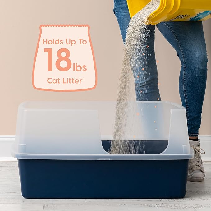 IRIS USA XX-Large Side Entry Cat Litter Box, Open Top Extra Large Litter Box for Big Cats and Multi-Cat Households, High Sided Scatter Shield, Easy to Clean, 30" L x 20" W x 14" H, Navy