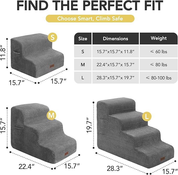 Deconovo Pet Stairs for Small & Elderly Dogs Cats 3-Step Dog Ramp Non-Slip Surface, Soft Washable Cover, Portable for Couch & Bed Use –Ideal for Senior Pets, Compact Storage Friendly, 15.7" H Ash Gray