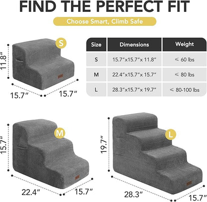 Deconovo Pet Stairs for Small & Elderly Dogs Cats 3-Step Dog Ramp Non-Slip Surface, Soft Washable Cover, Portable for Couch & Bed Use –Ideal for Senior Pets, Compact Storage Friendly, 15.7" H Ash Gray
