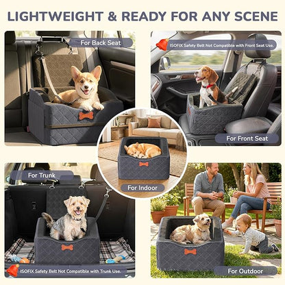 Dog Car Seat for Small Medium Dogs, 6" Elevated Booster Seat with ISOFIX Safety Fixation, Washable Cover & High Density Memory Foam, Portable for Car Front/Rear/Trunk Home Outdoor Use (Charcoal Gray)