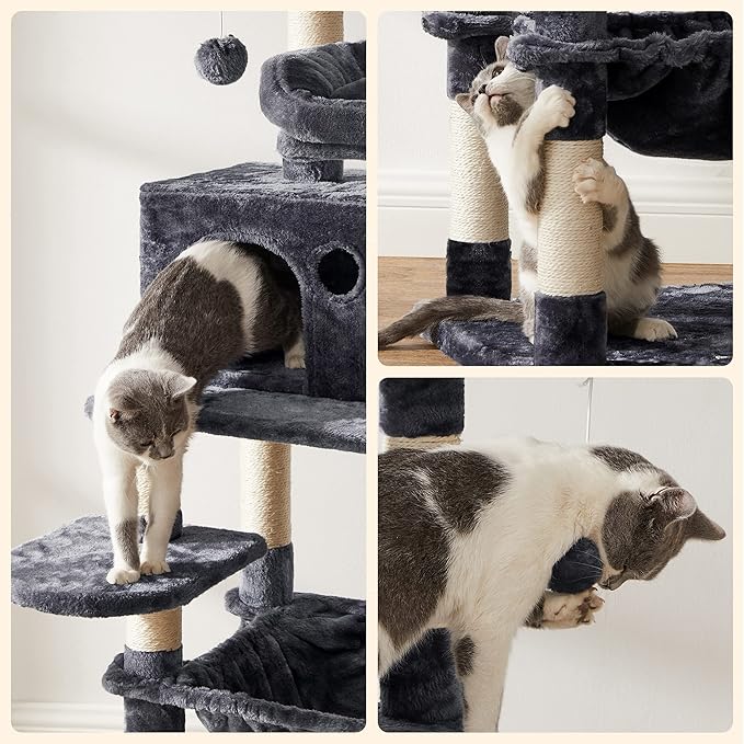 Feandrea Cat Tree, 56.3-Inch Cat Tower, Multi-Level Plush Condo with 11 Scratching Posts, 2 Perches, Hammock, Cave, Smoky Gray UPCT15GYZ