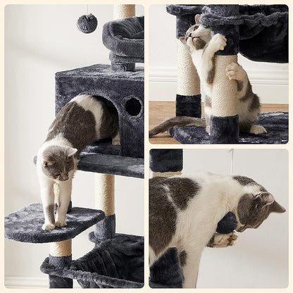 Feandrea Cat Tree, 56.3-Inch Cat Tower, Multi-Level Plush Condo with 11 Scratching Posts, 2 Perches, Hammock, Cave, Smoky Gray UPCT15GYZ