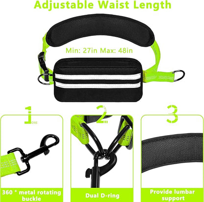 Hands Free Dog Leash with Zipper Pouch, Running Waist Leash for Dog Walking, Adjustable Waist Belt for Large Dogs, Reflective Bungee Design with Two Handle for Hiking, Training, Neon Green