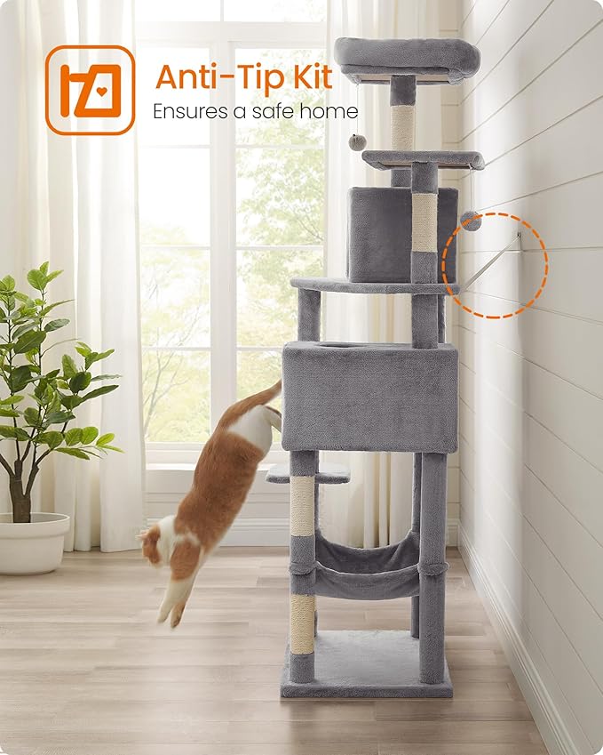 Feandrea Cat Tree, 73.2-Inch Tall Cat Tower, Plush Multi-Level Condo with 5 Scratching Posts, 2 Perches, 2 Caves, Hammock, 2 Pompoms, Light Gray UPCT191W01