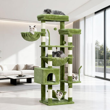 Cat Tree, Cat Tower for Large Cats with 2 Big Platforms, 2 Baskets, condo and Toys, 63" Cat Scratching Posts for Indoor Cats, Green GCT020GR
