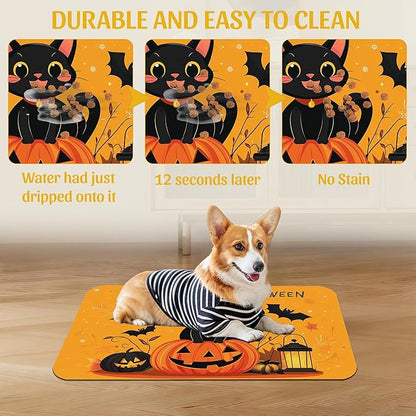 Halloween Cat Pet Feeding Mat, Absorbent Dog Bowl Pad, Quick Dry with Anti-Skid Bottom, Indoor Pet Accessories – 16x24 Inch