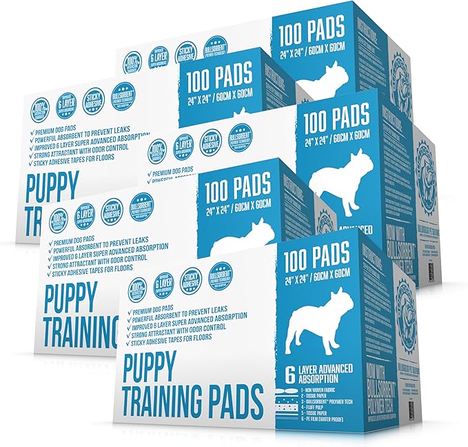 Puppy Pee Pads with Adhesive Sticky Tape (24x24) Large Premium Dog Pads - 6 Layer Dog Training Pads and Pet Wee Pads with Quick-Dry Bullsorbent Tech (500-Count, White)
