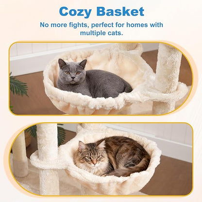 Hey-brother Cat Tree Tower with Extra Large Platform, Spacious Condo, 2 Cozy Hammocks, Self-Grooming Brush, Sisal Scratching Posts for Big Indoor Adult, Maine Coon, 35.4 Inches, Beige MPJ060M