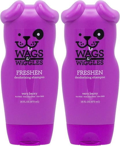 Wags & Wiggles Freshen Deodorizing Dog Shampoo in Very Berry Scent | Odor Control for Smelly Dogs, 16 Ounces (Pack of 2)