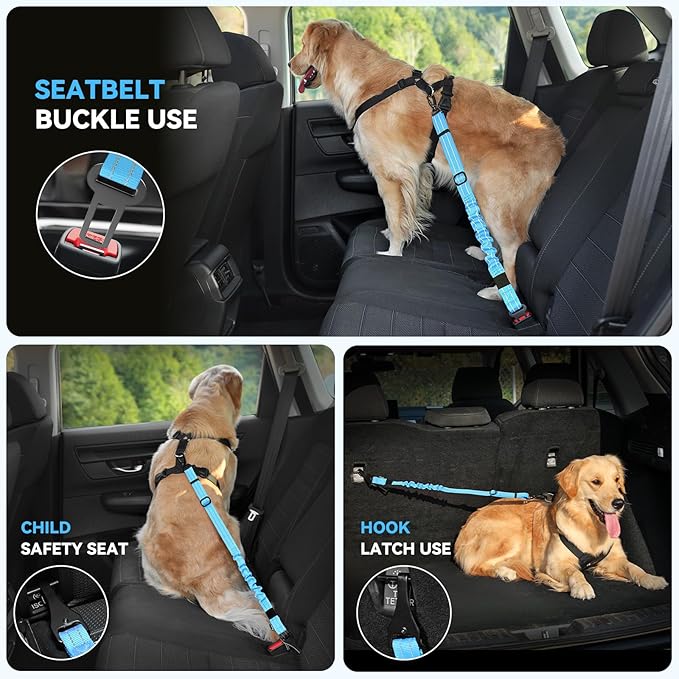 Pawaboo 2Pack 3-in-1 Dog Seatbelt for Car, Shockproof Bungee Dog Tether with 360° Lockable Buckle & Hook Latch, Adjustable Reflective Pet Safety Harness Leash for Vehicle, Black+Blue