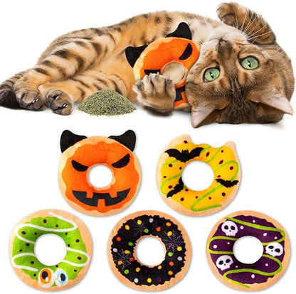 L1rabe Spring Catnip Cat Toys - 5Pcs National Pet Day Donut Catnip Stuffed Kittens Supplies, Pumpkin Bat Spider Dessert Pet Toys, Fun Cats Chew Bite Teething Tool Catmint Birthday Interactive Supplies