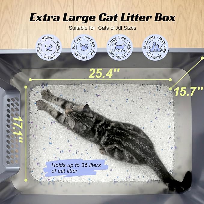 Stainless Steel Enclosed Cat Litter Box with Lid and Mat, Extra Large Kitty Litter Box with Drawer, Front & Top Entry Metal Cat Box for Big Cats, Odor Control, Easy to Clean, Grey