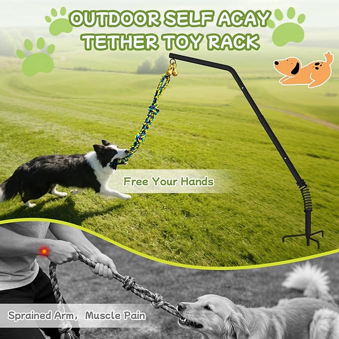 Tether Outdoor Dog Rope Toy with Adjustable Height Spring Pole, 3 Kinds Dog Tug of War Toys for Self Play and Interactive in Park, Yard, Lawn Rope, Suitable for Energetic Dog
