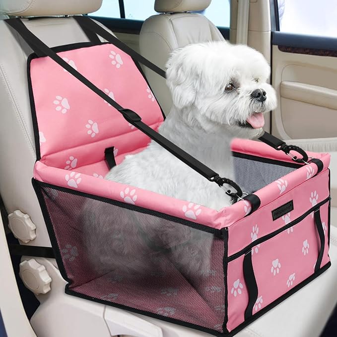 PetsHome Dog Car Seat Foldable Dog Car Booster Seat Waterproof Breathable Oxford Travel Bag for Small to Medium Dogs, Puppies, and Pets-Footprint Pink