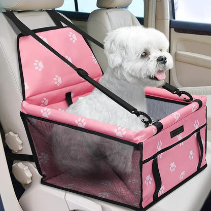 PetsHome Dog Car Seat Foldable Dog Car Booster Seat Waterproof Breathable Oxford Travel Bag for Small to Medium Dogs, Puppies, and Pets-Footprint Pink
