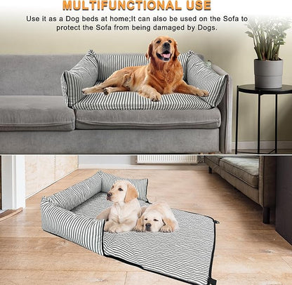 Dog Car Seat for Small/Medium Dogs, 2-in-1 Booster Seat & Pet Sofa Bed, Removable Washable Portable Car Travel Bed (Stripes-L-Grey)