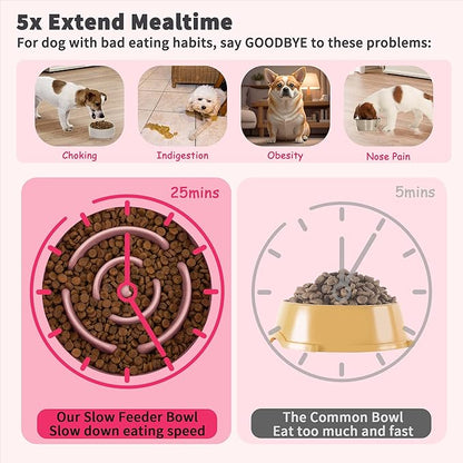 Elevated Slow Feeder Dog Bowl - Ceramic Maze Food Dish with Bamboo Stand - Raised Feeding Bowl for Fast Eaters - Ideal for Small and Medium Dogs - Pink - 6.7 inch