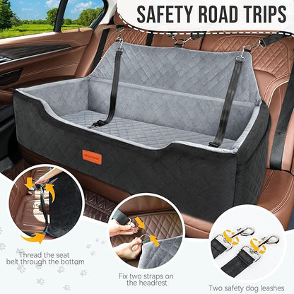HEGGCOOE Large Dog Car Seat Under 100 lbs, Washable Dog Car Bed for 2 Medium Dogs, Detachable Pet Booster Seat with Storage Pocket and Seat Belt for Back Seat Dog Travel Bed