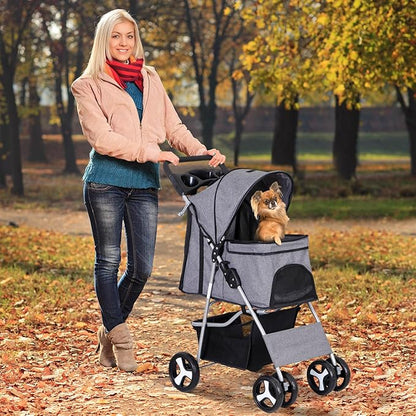 ZENY Foldable Pet Stroller, Cat/Dog Stroller with 4 Wheel, Pet Travel Carrier Strolling Cart with Storage Basket, Cup Holder (Grey)