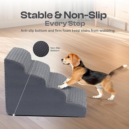 Extra Wide 4-Step Dog Stairs for Bed & Couch 18" H, More Stable Non-Slip Pet Steps with Balanced Foam Structure and Gentle Slopes, Stylish Indoor Dog Steps for Small & Medium Dogs, Gray