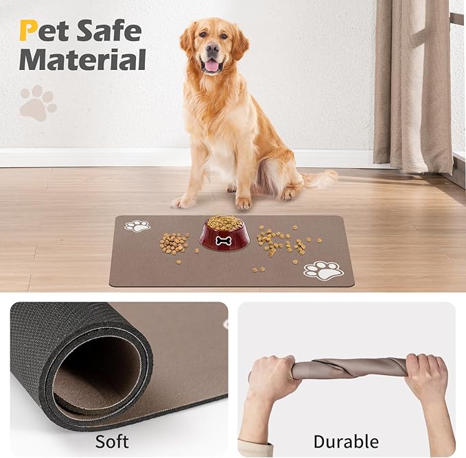 Pet Feeding Mat-Absorbent Dog Mat for Food and Water Bowl-Accessories Pet Supplies-Bowl for Messy Drinkers-No Stains Quick Dry Dog Water Dispenser Mat (16"x24", Brown)