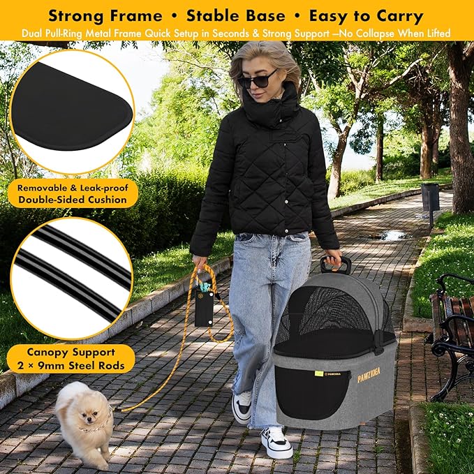 PAWZIDEA Portable Small Dog Crate for Car Travel up 33lbs, Enclosed Dog Car Seat Soft-Sided, Escape-Proof Reversible No-Zip Canopy, Foldable Pet Carrier Seatbelt for Small Medium Puppies & Cats Kennel