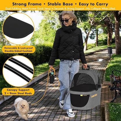PAWZIDEA Portable Small Dog Crate for Car Travel up 33lbs, Enclosed Dog Car Seat Soft-Sided, Escape-Proof Reversible No-Zip Canopy, Foldable Pet Carrier Seatbelt for Small Medium Puppies & Cats Kennel