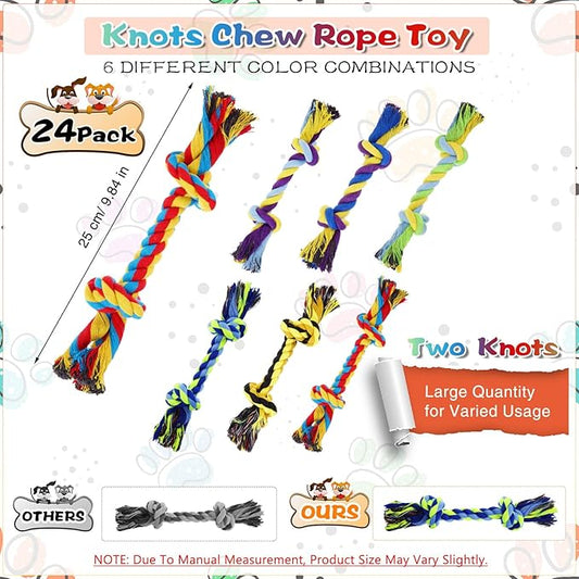 24 Pack Large Dog Rope Toys 10 Inch Chew Toys Bulk Natural Cotton Dog 2 Knot Dog Toy 2 Knots Chew Rope Toy Teething Rope Toys for Aggressive Chewers and Medium Dogs