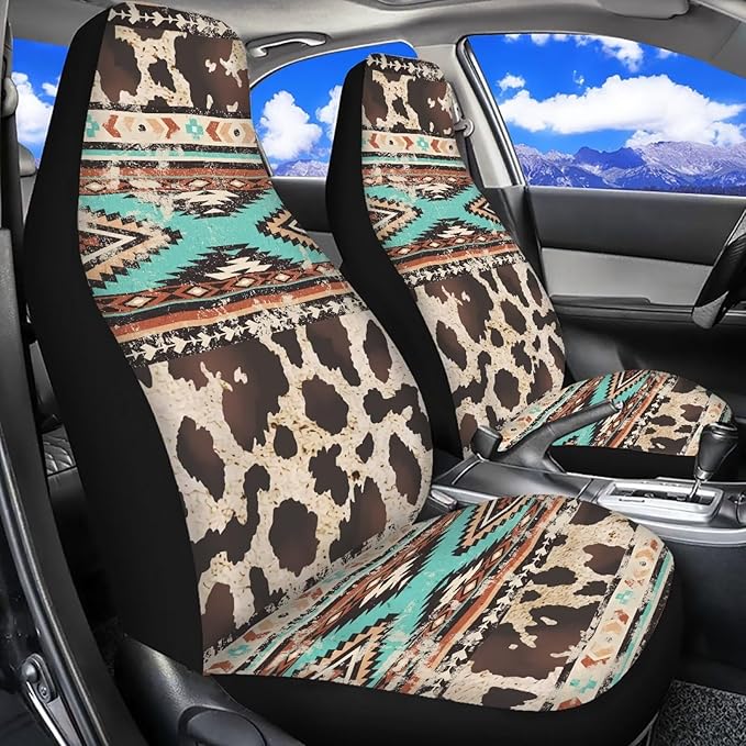 Aztec Cow Print Automotive Seat Covers Seat Cover Front Seats Only for Women Men Universal fit for Cars, SUVs, Trucks Car Accessories Blanket Seat Protector Easy to Install
