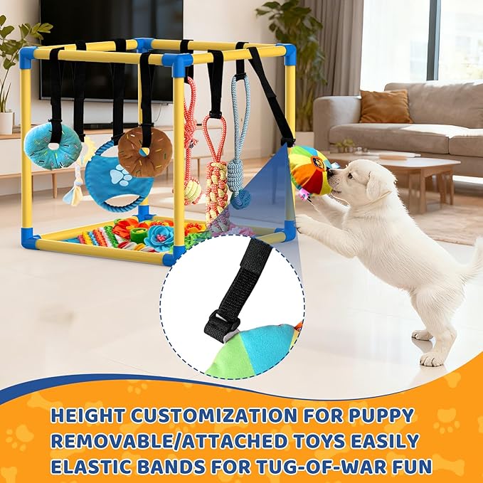 Puppy Play Gym with Snuffle Mat & 8 Hanging Toys Indoor Play Gym Interactive Dog Toys for Boredom Enrichment Activity for Small Dog PVC Frame Stretchy Rope with Velcro (19.6 x 19.6 x 19.6 inch)