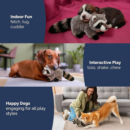 Pet Lou Raccoon Plush Dog Chew Ultra-Thick Toy, Durable Interactive Plush Toy for Medium Dogs, Anti Boredom Dog Squeaky Teething Toys, 8-Inch