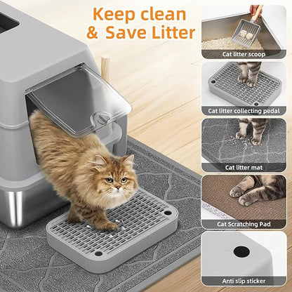 Stainless Steel Litter Box with Lid,Front Entry Top Exit Kitty LitterBox,Extra Large Enclosed Metal Cat Box with Litter Scoop & Litter Mat-Light Gray