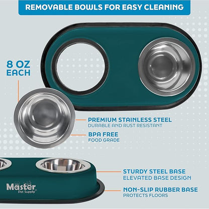 Master Pet Supply Double Dog Bowls Set with Elevated Base and 2 (8 oz) Stainless Steel Removable Dishes (Emerald Sea) – Double Cat Food Water Bowl, Dog Puppy Food Bowl Set, Rust Resistant
